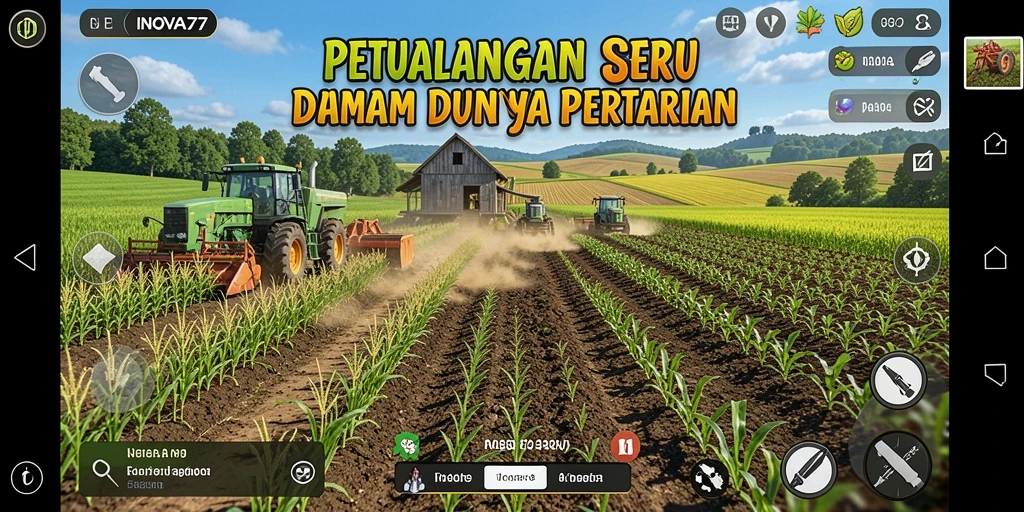 Screenshot gameplay INOVA77 menampilkan ladang hijau yang indah dan hewan ternak.