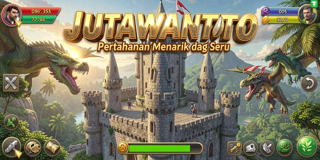 Tampilan gameplay JUTAWANTOTO dengan menara dan musuh yang mendebarkan.