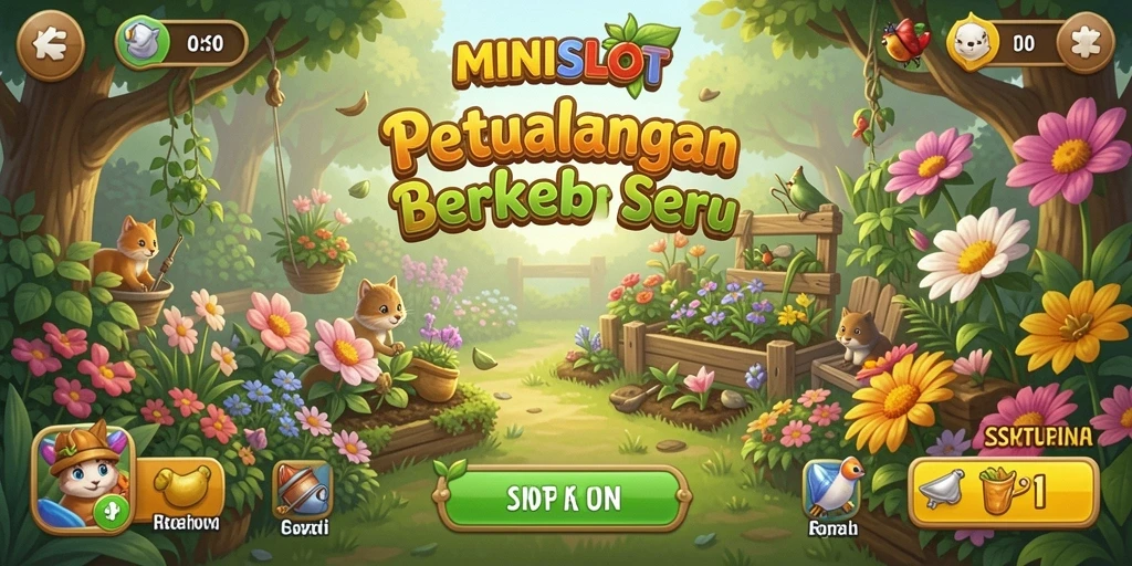 Screenshot gameplay MINISLOT dengan kebun yang dipenuhi tanaman hijau.